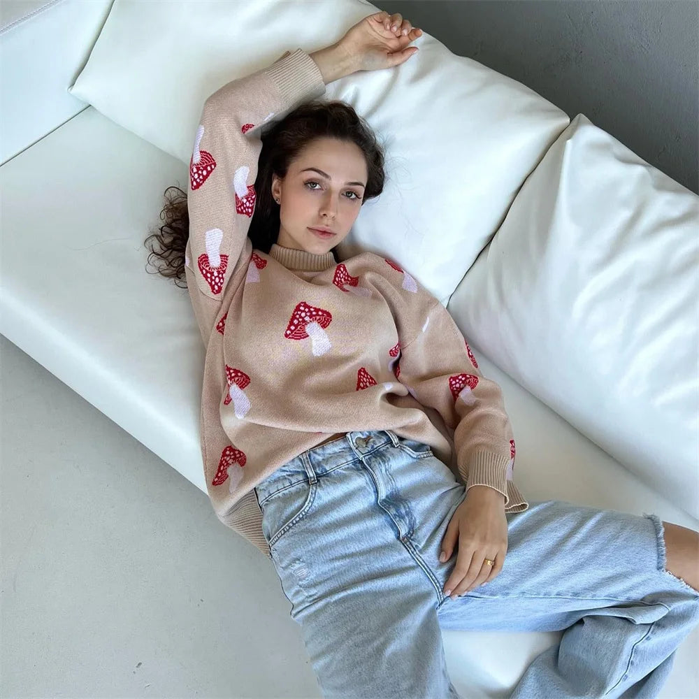 Damenpullover mit Pilz-Print | Colosy