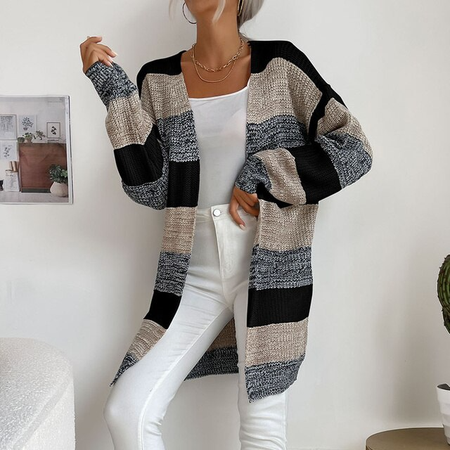 Langer Patchwork-Strickpullover für Damen | Colosy